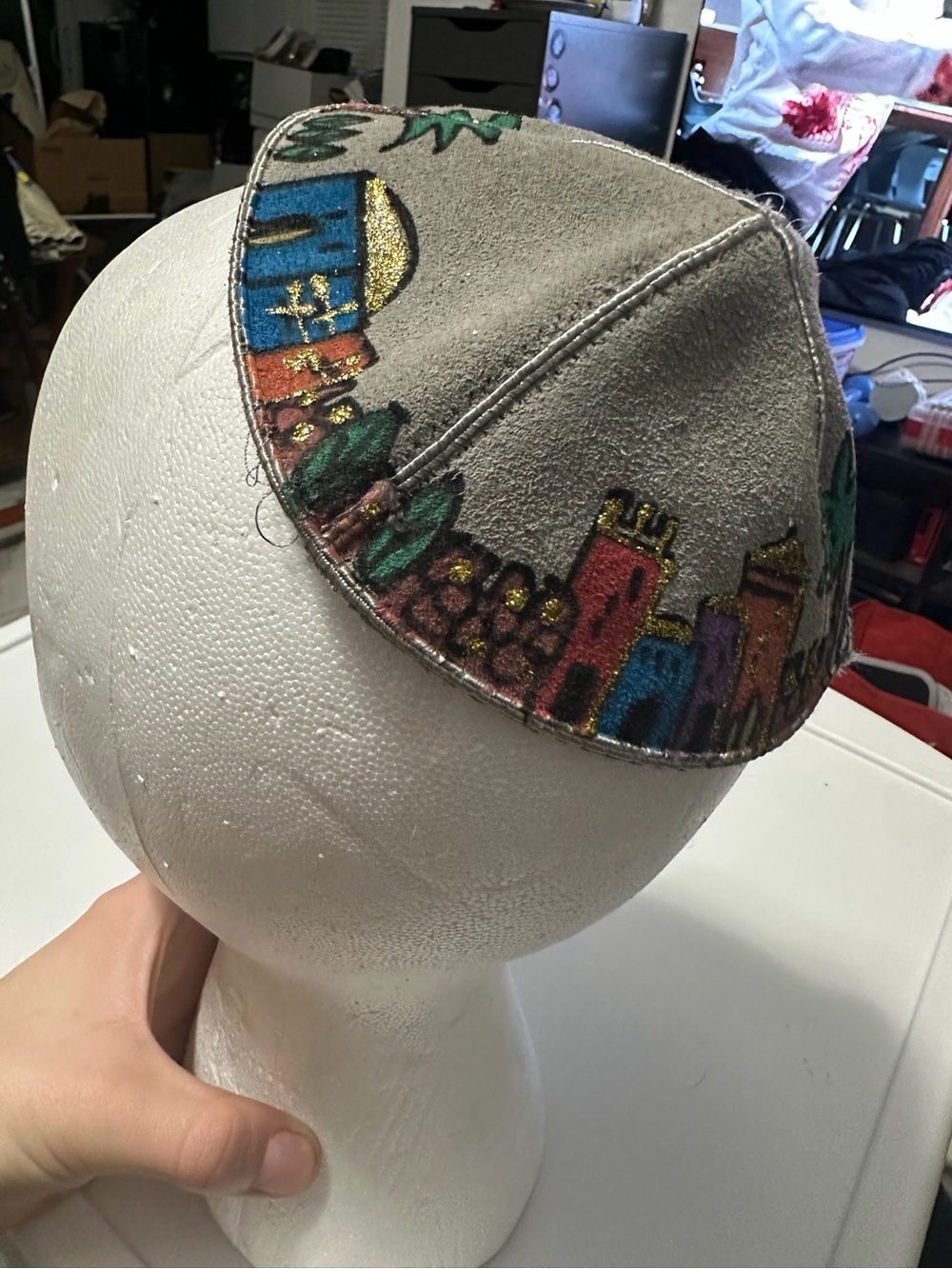 Hand Crafted Gray Kids Kippah with Colorful Embroidered Cityscape